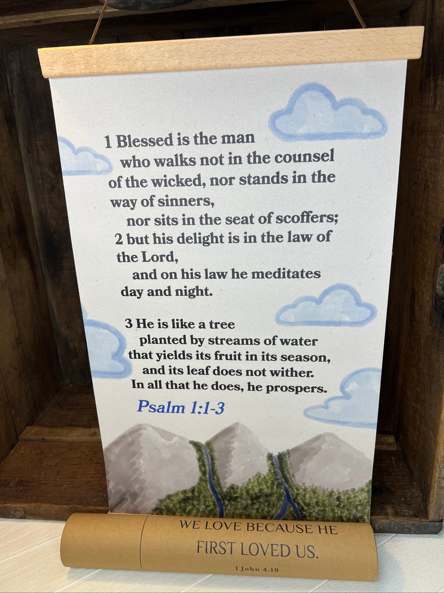 Psalm 1:1-3 Bible Verse Canvas Wall Hanging Christian Scripture Art Decor Gift Mountains