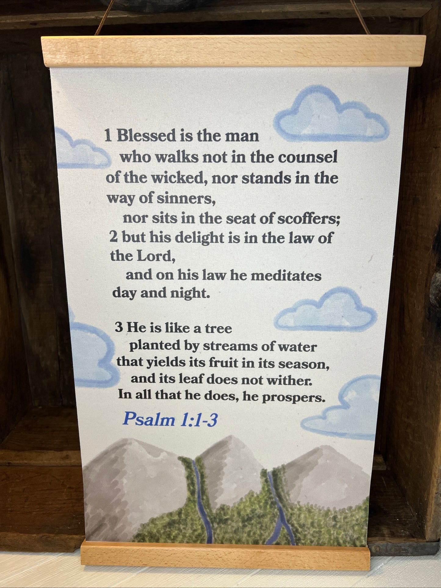 Psalm 1:1-3 Bible Verse Canvas Wall Hanging Christian Scripture Art Decor Gift Mountains