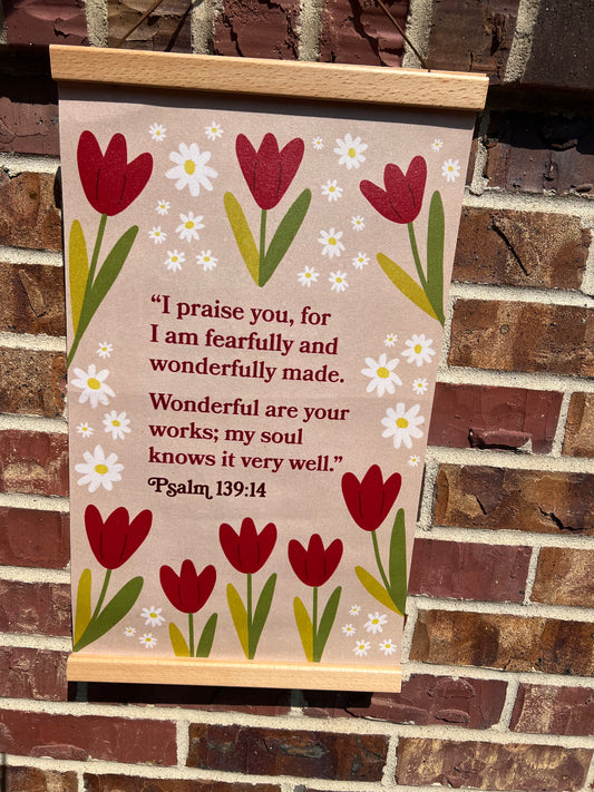 Decorative poster with Psalm 139:14 and with red tulips and white flowers on a brick wall background